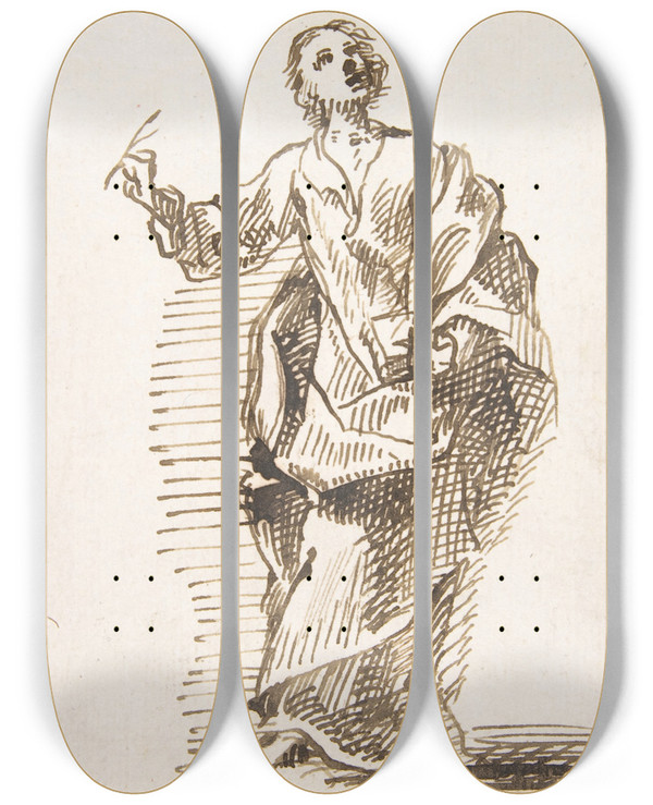 Triptych art skateboard deck of Pedro Duque Y Cornejo Standing Male Figure by Pedro Duque Y Cornejo (1677-1757)