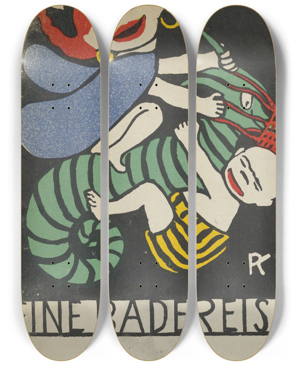 Triptych art skateboard deck of Rudolf Kalvach Trip To A Spa Eine Badereise by Rudolf Kalvach (1883-1932)