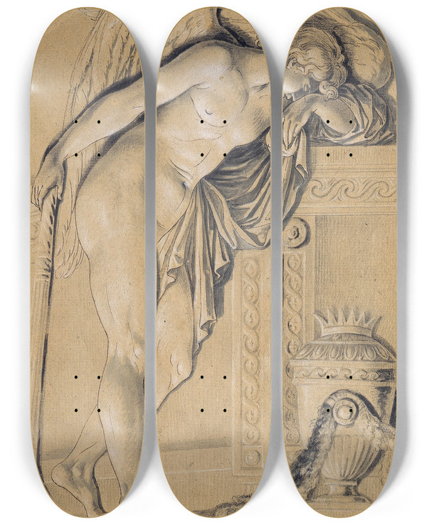 Triptych art skateboard deck of Johann Christian Von Mannlich Hymen Mourning by Johann Christian Von Mannlich (1741-1822)