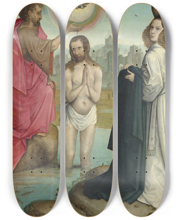 Triptych art skateboard deck of Juan De Flandes The Baptism Of Christ by Juan de Flandes (1460-1519)