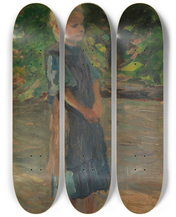 Triptych art skateboard deck of Thomas Herbst Stehendes Mdchen Im Blauen Kleid by Thomas Herbst (1848-1915)