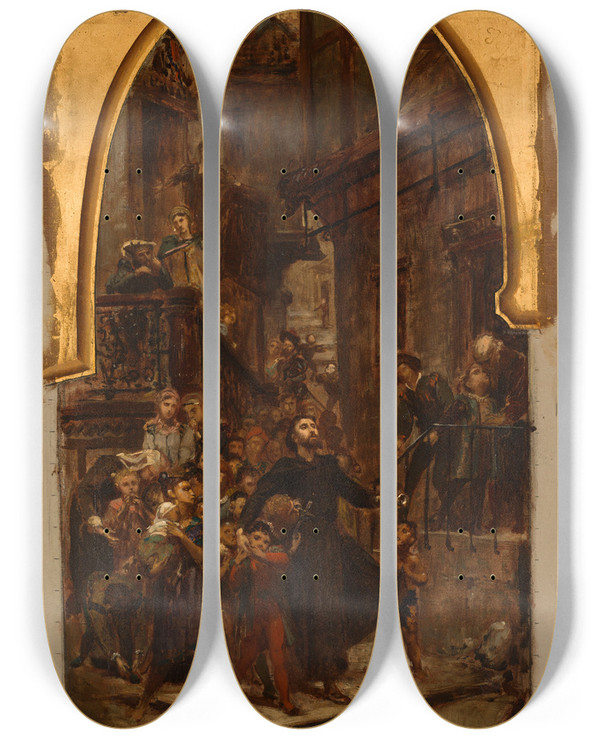 Triptych art skateboard deck of Pierre Paul Lon Glaize Saint Franoisxavier Parcourant Les Rues De Goa Pour Appeler Les Enfants Et Les Esclaves Au Catchisme by Pierre Paul Leon Glaize (1842-1932)