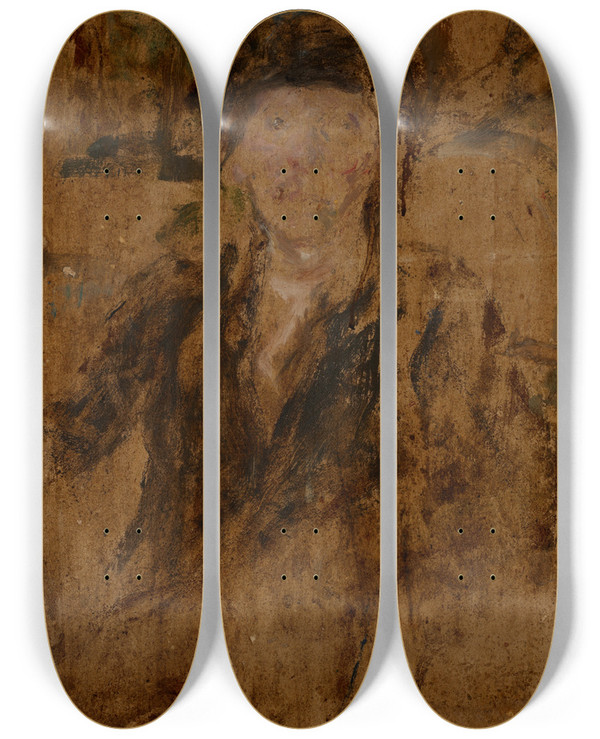 Triptych art skateboard deck of Olga Boznanska Sketch Portrait Of A Woman In A Hat by Olga Boznanska (1865-1940)