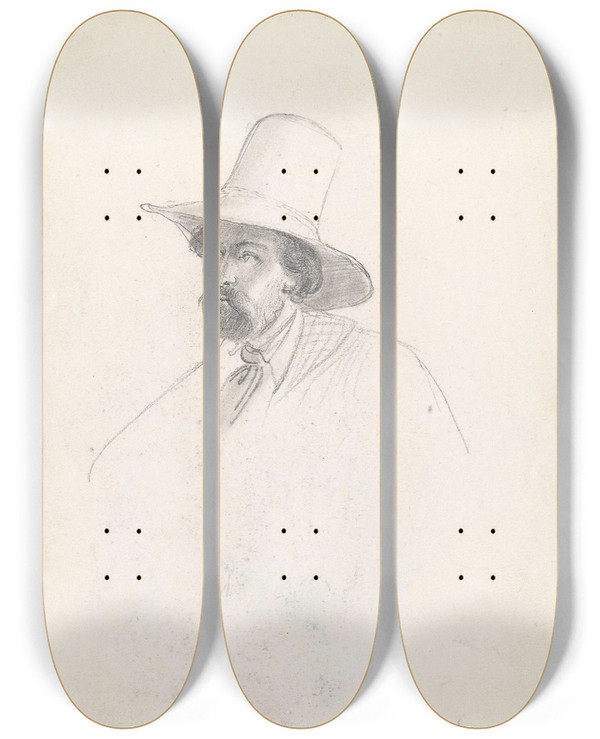 Triptych art skateboard deck of Adolph Tidemand Mannsportrett Ryggvendt Mannsfigur by Adolph Tidemand (1814-1876)