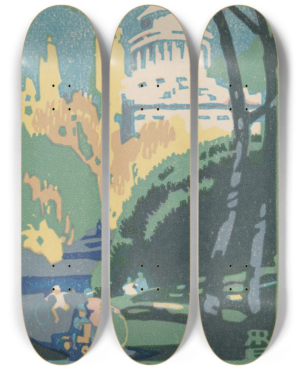 Triptych art skateboard deck of Rachael Robinson Elmer Grants Tomb by Rachael Robinson Elmer (1878-1919)