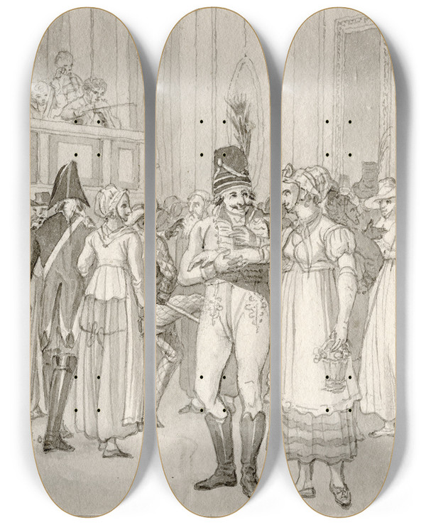 Triptych art skateboard deck of Reinier Vinkeles Officier Neemt Vrouw Bij De Hand Op Een Gemaskerd Bal by Reinier Vinkeles (1741-1816)