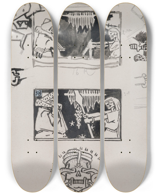 Triptych art skateboard deck of Akseli Gallenkallela Korukalevala The Illustrated Kalevala Sketches For Vinminens Visit In Tuonela by Akseli Gallen Kallela (1865-1931)