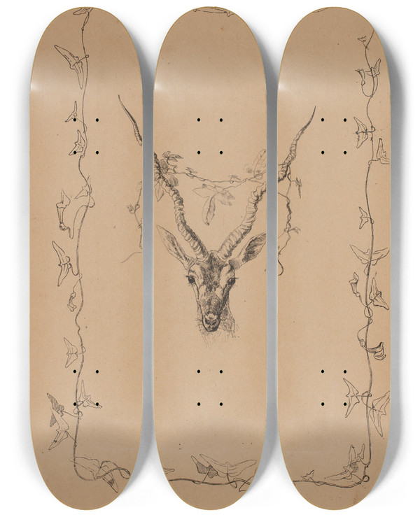 Triptych art skateboard deck of Johan Thomas Lundbye Bagside Af Omslag Til M Hammerichs Oversttelse Af Kalidasas Sakuntala Kbh 1845 by Johan Thomas Lundbye (1818-1848)