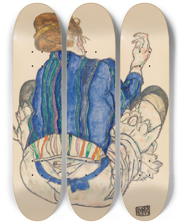 Triptych art skateboard deck of Egon Schiele Seated Woman Back View by Egon Schiele (1890-1918)