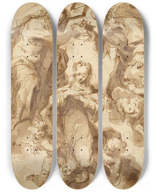 Triptych art skateboard deck of Francisco Ribalta The Coronation Of The Virgin by Francisco Ribalta (1565-1628)
