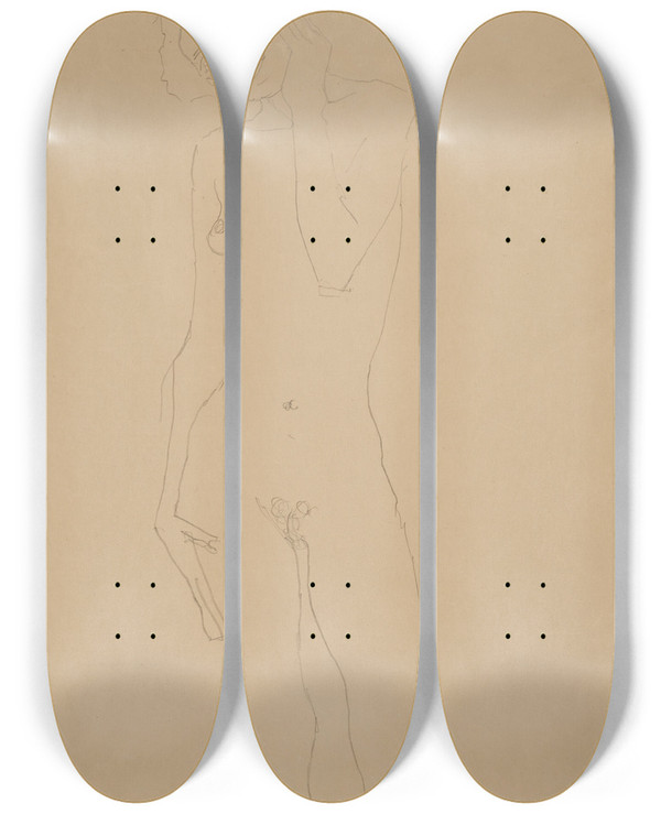 Triptych art skateboard deck of Gustav Klimt Stehender Mdchenakt Von Vorne by Gustav Klimt (1862-1918)