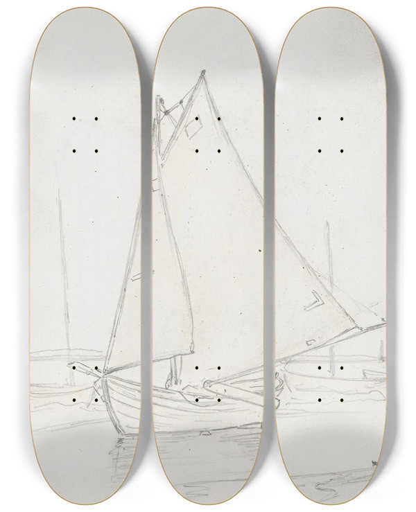 Triptych art skateboard deck of Hans Gude Seilbt Ved Stranden Ahlbeck by Hans Gude (1825-1903)