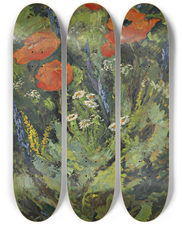 Triptych art skateboard deck of Gustav Macoun Poppies by Gustav Macoun (1892-1934)
