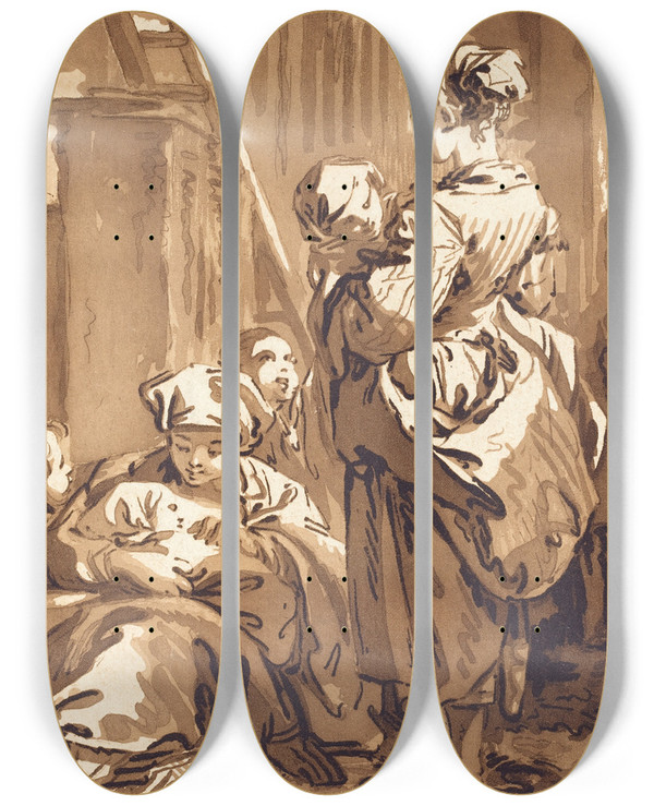 Triptych art skateboard deck of Jean Franois Janinet Les Nourrices by Jean Francois Janinet (1752-1814)