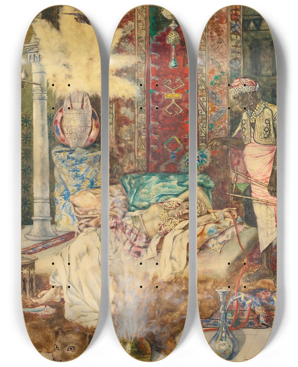 Triptych art skateboard deck of Antonio Rivas The Harem by Antonio Rivas (1845-1911)