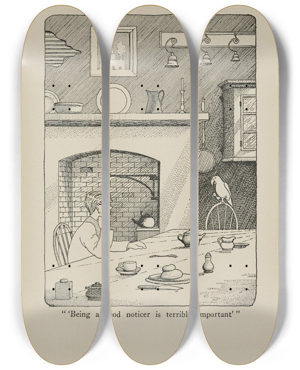 Triptych art skateboard deck of Hugh Lofting Being A Good Noticer Is Terribly Important by Hugh Lofting (1886-1947)