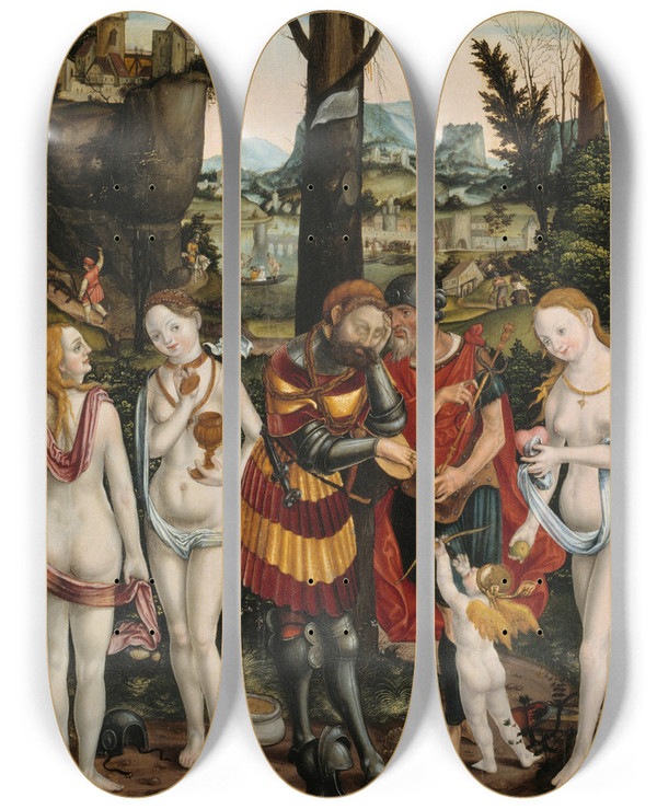 Triptych art skateboard deck of Matthias Gerung The Dream Of Paris by Matthias Gerung (1500-1570)