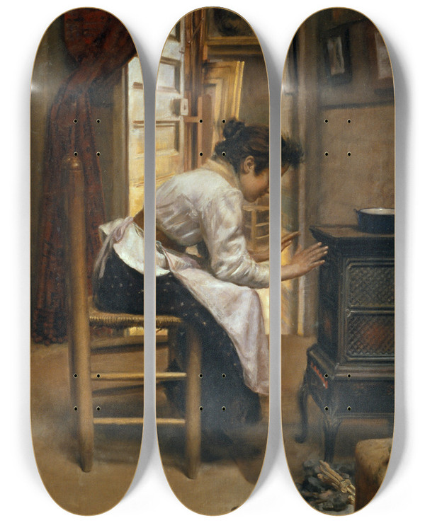 Triptych art skateboard deck of Manuel Cusi Y Ferret Beside The Fire by Manuel Cusi Y Ferret (1857-1922)
