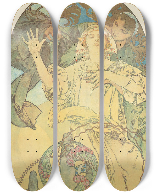 Triptych art skateboard deck of Alphonse Mucha De Forest Phonofilm by Alphonse Mucha (1860-1939)