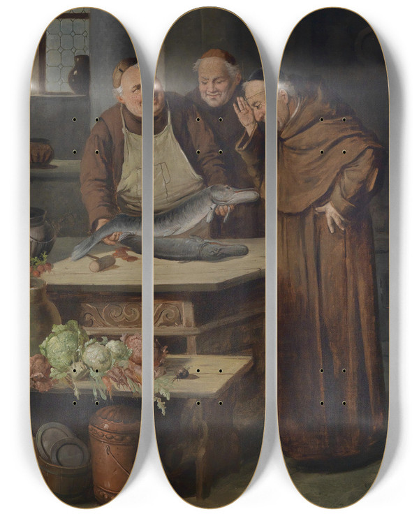 Triptych art skateboard deck of Konstantin Stoitzner Ein Guter Fang by Konstantin Stoitzner (1863-1934)