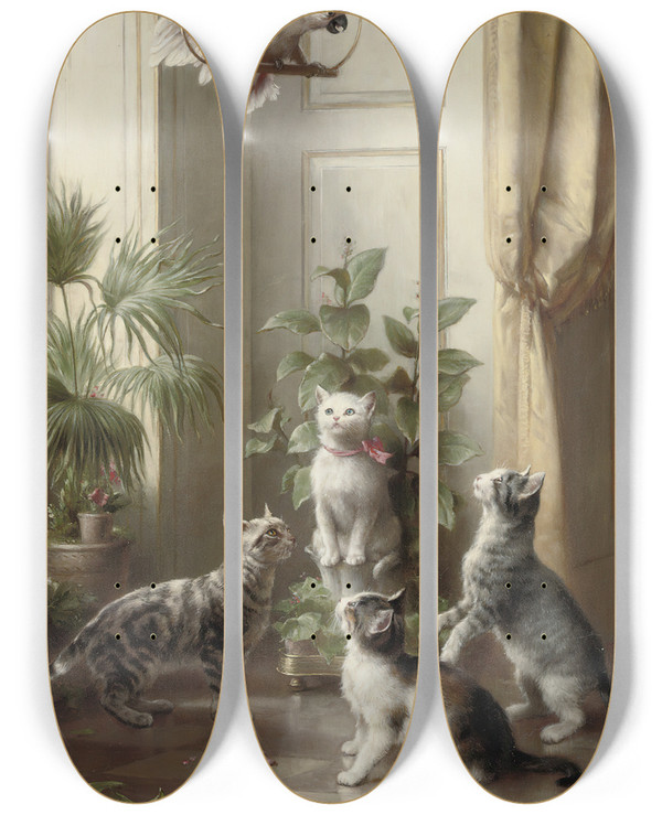 Triptych art skateboard deck of Carl Reichert Cats And The Cockatoo by Carl Reichert (1836-1918)