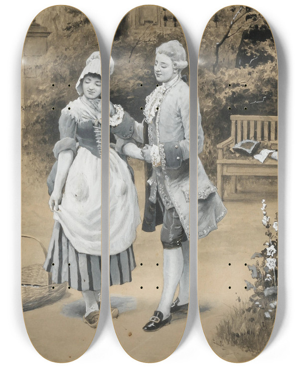 Triptych art skateboard deck of Angelo Trentin Galantes Paar Im Park by Angelo Trentin (1850-1912)