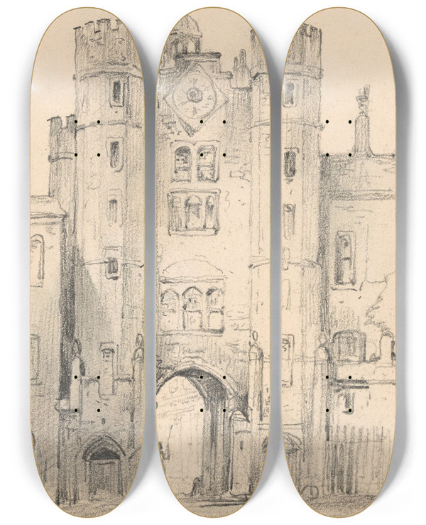 Triptych art skateboard deck of Nicaise De Keyser The Entrance To Saint Jamess Palace In London by Nicaise De Keyser (1813-1887)