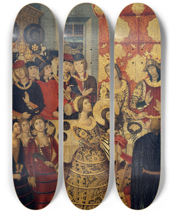 Triptych art skateboard deck of Pedro Garca De Benavarre Herods Banquet by Pedro Garcia De Benavarre (1445-1485)