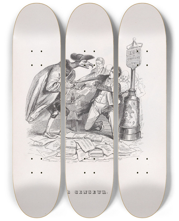 Triptych art skateboard deck of J J Grandville The Censor by J J Grandville (1803-1847)
