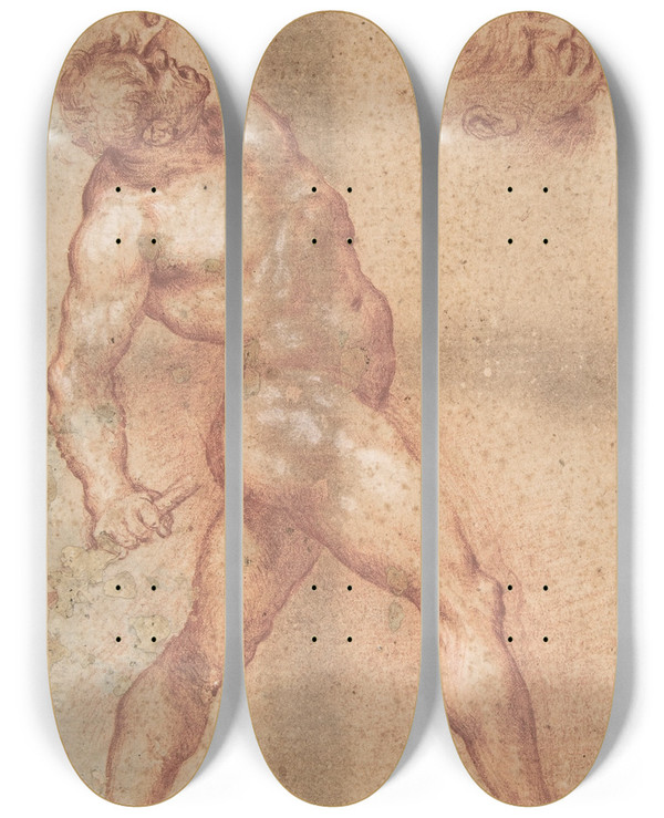 Triptych art skateboard deck of Aniello Falcone Male Nude With Left Arm Upraised And A Further Study Of His Head by Aniello Falcone (1607-1656)