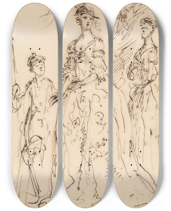 Triptych art skateboard deck of John Vanderbank Three Ladies by John Vanderbank (1694-1739)