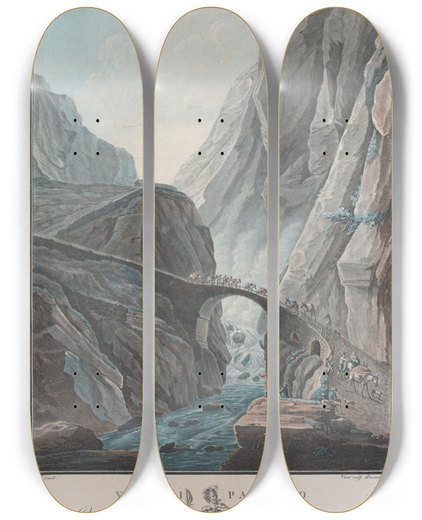 Triptych art skateboard deck of Charlesmelchior Descourtis Victori Pacifico by Charles-Melchior Descourtis (1753-1820)