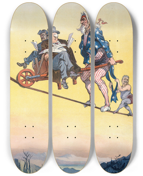 Triptych art skateboard deck of Udo Keppler Some Stunt For Samuel by Udo Keppler (1872-1956)