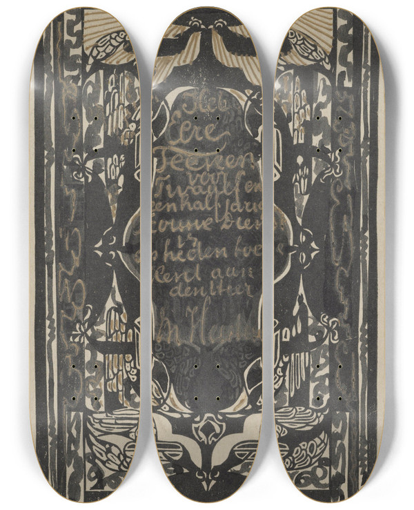 Triptych art skateboard deck of Carel Adolph Lion Cachet Ontwerp Voor Een Oorkonde Ter Gelegenheid Van Twaalf En Een Half Jaar Trouwe Dienst Bij De Lijm En Gelatinefabriek_2 by Carel Adolph Lion Cachet (1864-1945)