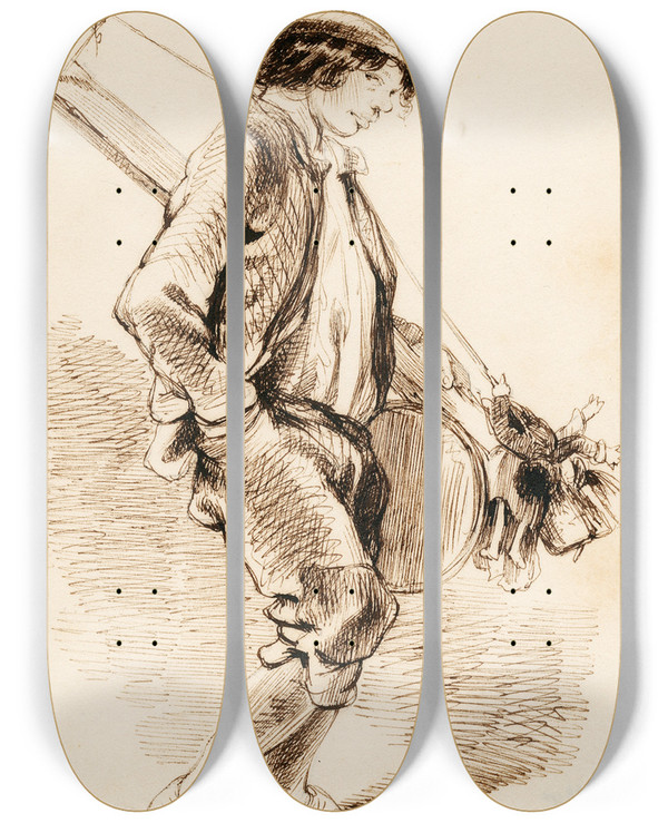 Triptych art skateboard deck of Pieter Van Loon Een Rondtrekkende Poppenspeler by Pieter Van Loon (1801-1873)
