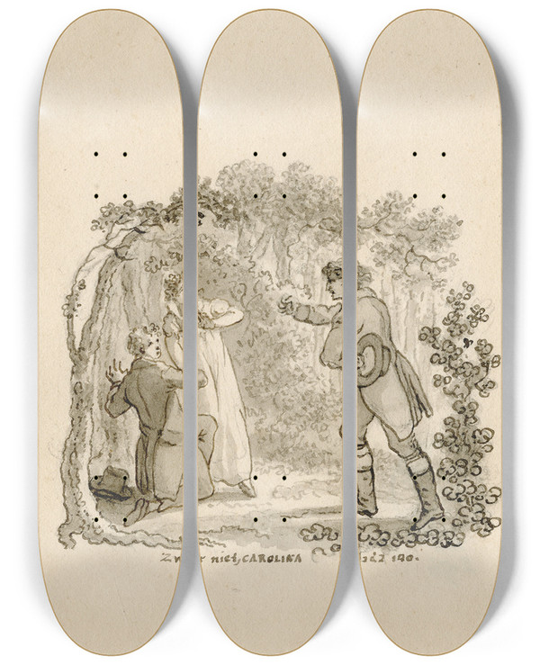 Triptych art skateboard deck of Reinier Vinkeles Titelblad Man Verstoort Paar Zweer Niet Carolina by Reinier Vinkeles (1741-1816)
