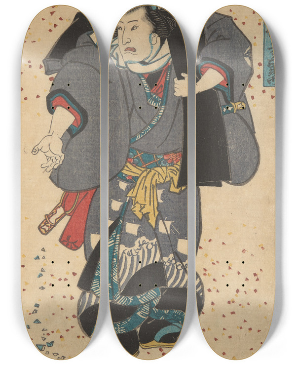 Triptych art skateboard deck of Utagawa Kunisada Toyokuni Iii Actor Playing The Role Of Nuregami by Utagawa Kunisada (Toyokuni III) (1786-1865)