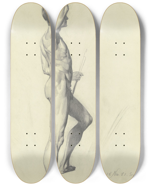 Triptych art skateboard deck of Karl Staufferbern Male Nude Standing by Karl Stauffer-Bern (1857-1891)