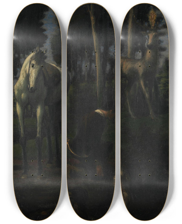 Triptych art skateboard deck of Hans Von Mares The Three Horsemen Ii Saint Hubert by Hans Von Marees (1837-1887)