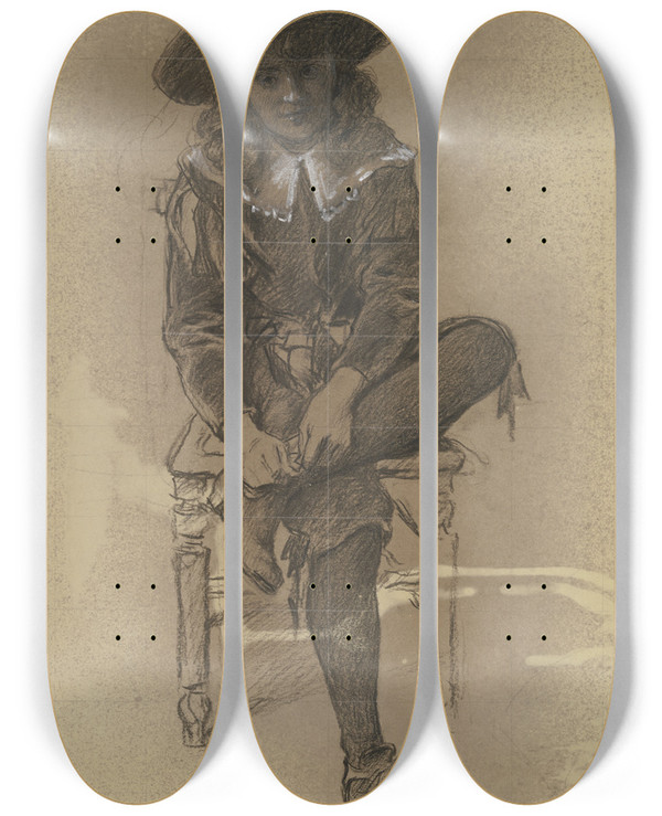 Triptych art skateboard deck of Otto Scholderer Sitzender Knabe In Historischer Tracht Aus Der Vorbereitung Zum Kostmball by Otto Scholderer (1834-1902)