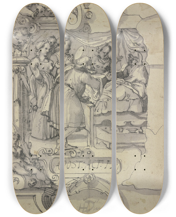 Triptych art skateboard deck of Hans Jakob Dnz Die Erweckung Der Tabitha Durch Petrus by Hans Jakob Dunz (1575-1649)