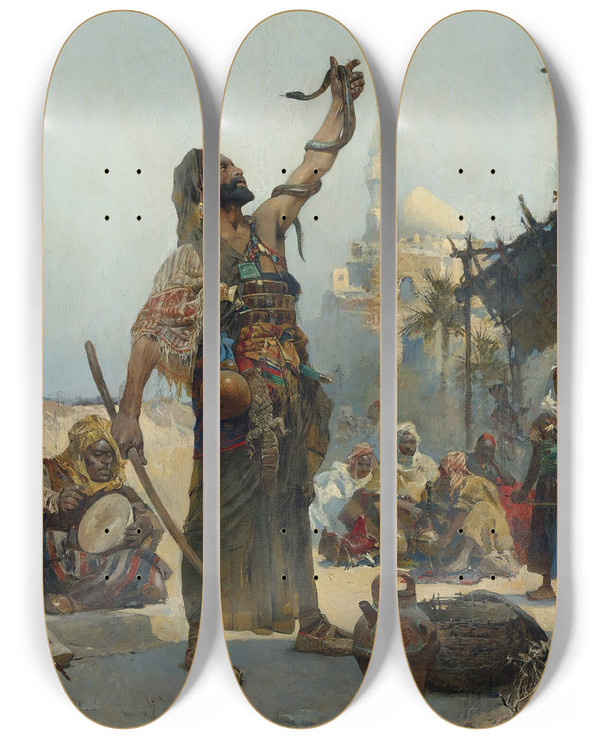 Triptych art skateboard deck of Charles Wilda The Snake Charmer_1 by Charles Wilda (1854-1907)