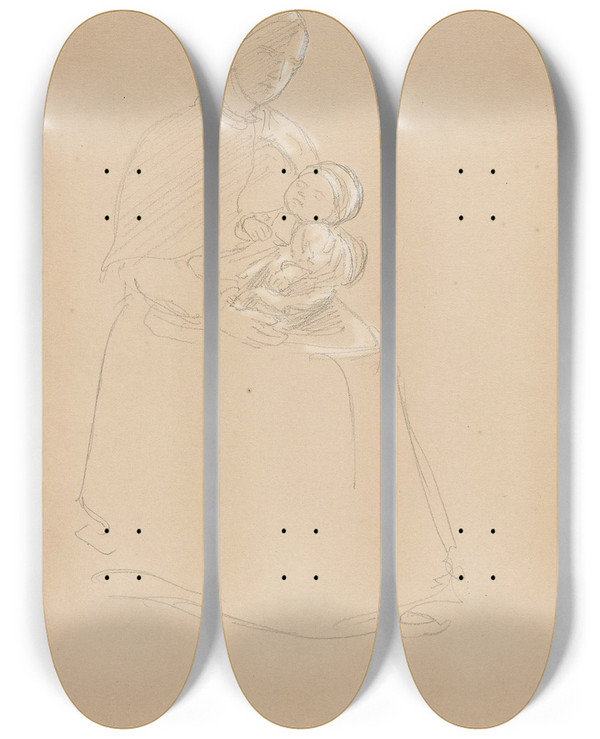 Triptych art skateboard deck of Adolph Tidemand Kvinne Med Barn P Fanget by Adolph Tidemand (1814-1876)