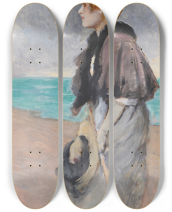 Triptych art skateboard deck of Josep Maria Tamburini I Dalmau Young Girl With A Hat by Josep Maria Tamburini I Dalmau (1856-1932)
