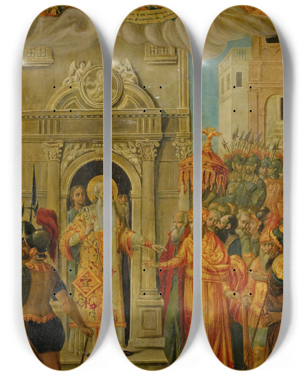 Triptych art skateboard deck of Spyridon Ventouras Scene From The Life Of Saint John Chrysostom by Spyridon Ventouras (1761-1835)