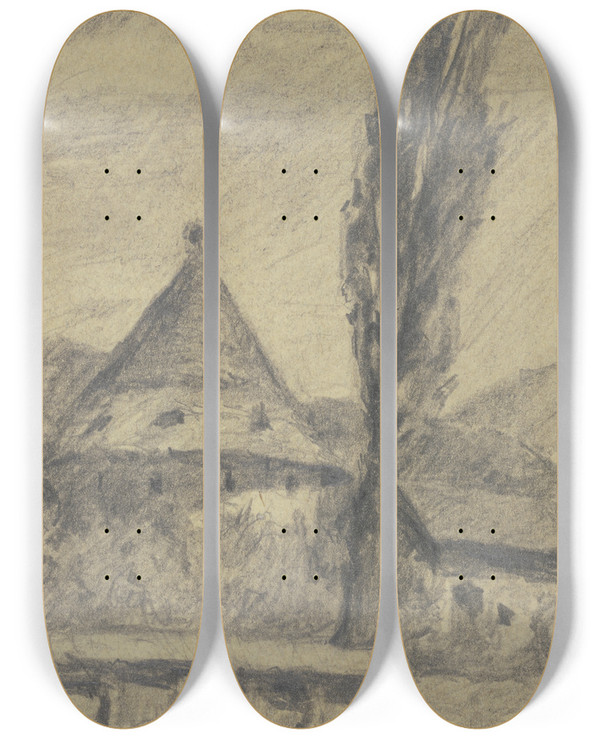 Triptych art skateboard deck of Jakob Nussbaum Farmstead In Nagybnya by Jakob Nussbaum (1873-1936)
