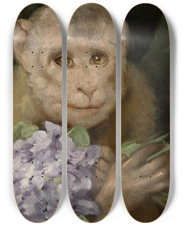 Triptych art skateboard deck of Gabriel Max Monkey With A Bouquet Of Violets by Gabriel Max