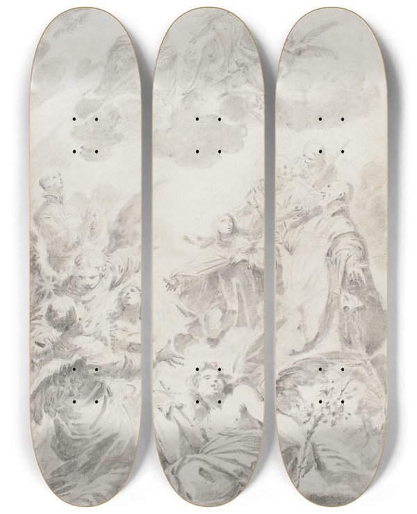 Triptych art skateboard deck of Ercole Graziani The Younger Canonization Of Saints Ignatius Loyola Francis Xavier Philip Neri Teresa And Isidor Agricola On March 12 1622 by Ercole Graziani The Younger (1688-1765)