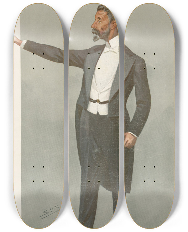 Triptych art skateboard deck of Leslie Matthew Ward Politicians Australia The Hon Alfred Deakin September 2 1908 by Leslie Matthew Ward (1851-1922)