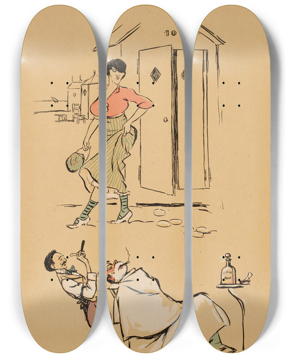 Triptych art skateboard deck of Georges Goursat Sem Le Barbier by Georges Goursat (Sem) (1863-1934)